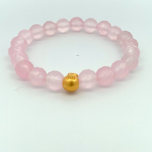 24K Gold Money Bag Lucky Charm Bracelet Gemstones Rose Quartz Faceted - Picture 7 of 8